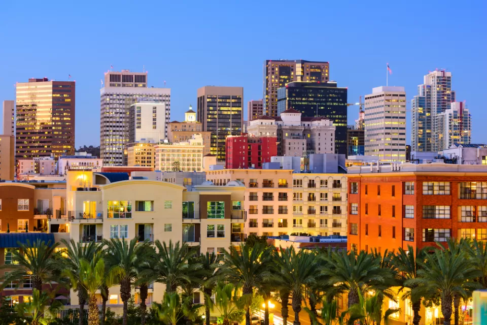 San Diego skyline and apartment buildings